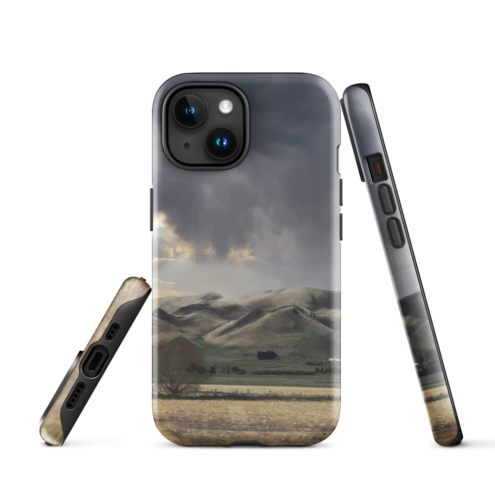Designer phone case with NZ landscape painting of Te Hauke and cloudy skies by Ben Hart.