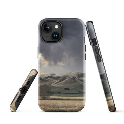 Designer phone case with NZ landscape painting of Te Hauke and cloudy skies by Ben Hart.