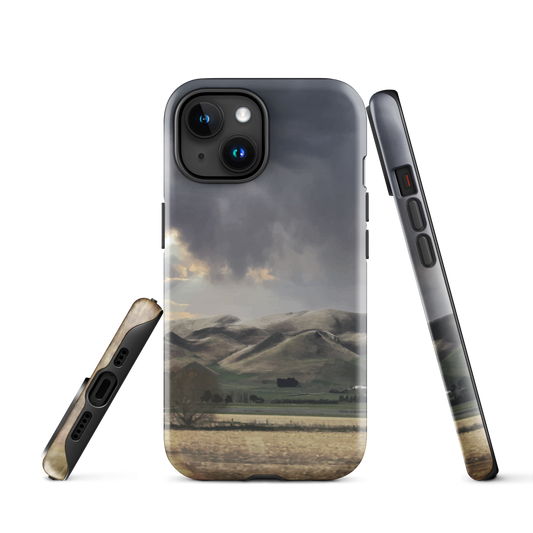 Designer phone case with NZ landscape painting of Te Hauke and cloudy skies by Ben Hart.