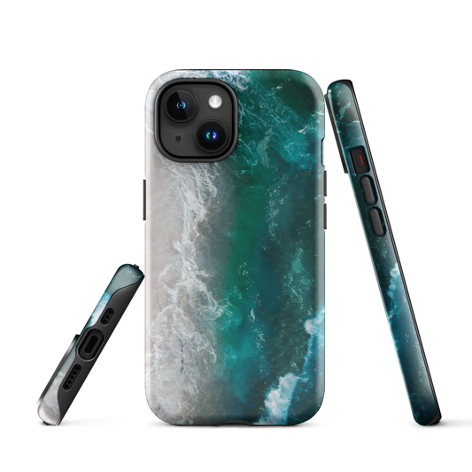 Ocean wave phone case with abstract beach design in teal and white, by NZ artist Ben Hart.