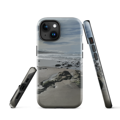 Phone case with artwork of Riversdale Beach, Masterton – rocks, waves and sky by NZ artist Ben Hart.