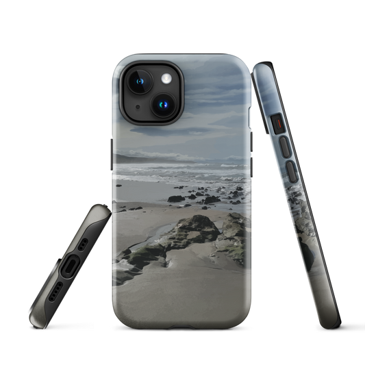 Phone case with artwork of Riversdale Beach, Masterton – rocks, waves and sky by NZ artist Ben Hart.