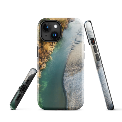 Phone case with aerial riverbend artwork and earthy tones, designed by New Zealand artist Ben Hart.