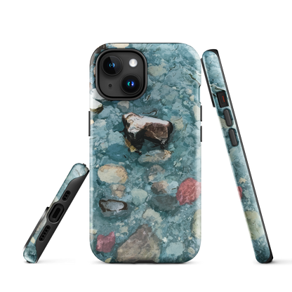 Washed Away designer phone case with abstract river stone artwork in earthy blues and natural tones.