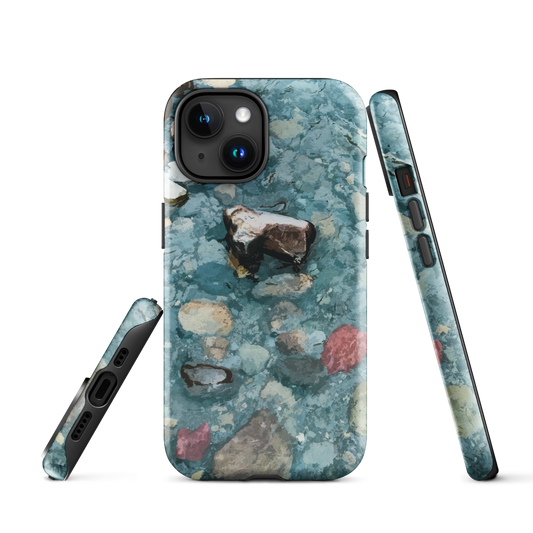 Washed Away designer phone case with abstract river stone artwork in earthy blues and natural tones.