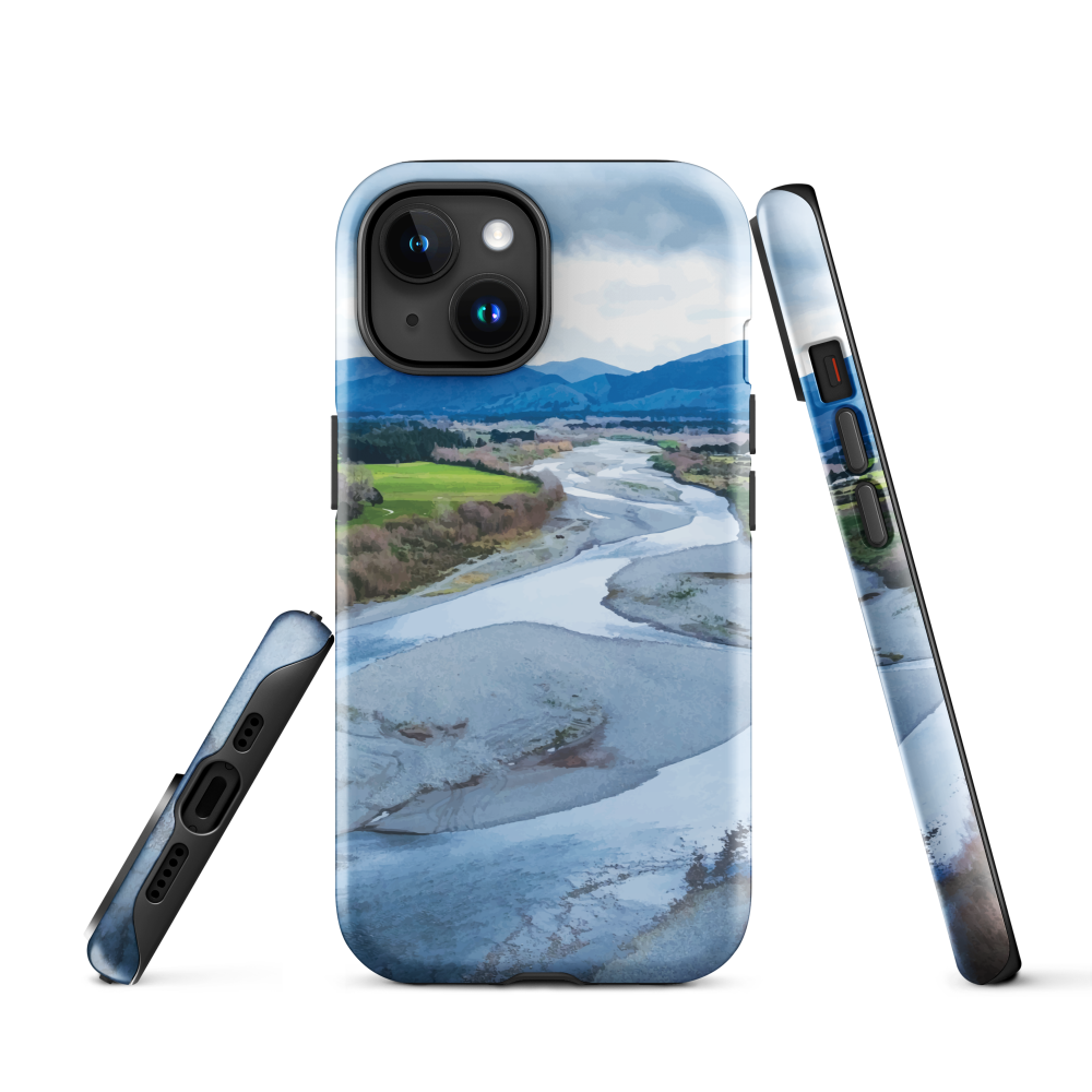 Waiohine phone case featuring artwork of New Zealand’s braided riverbed landscape in the Wairarapa.
