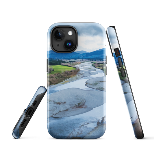 Waiohine phone case featuring artwork of New Zealand’s braided riverbed landscape in the Wairarapa.
