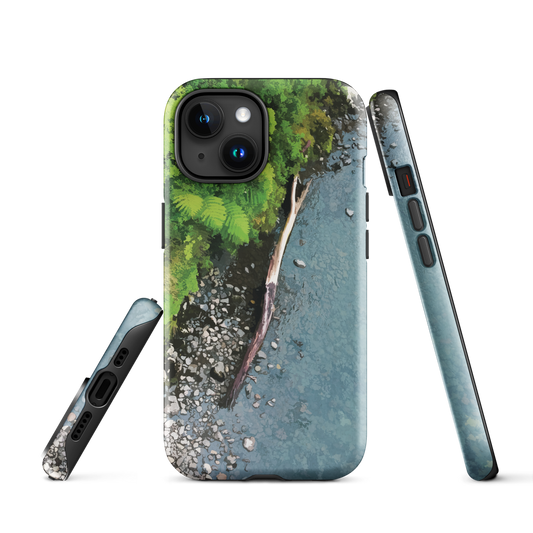 Resting Place phone case with aerial artwork of river rocks, green bush, and driftwood in a New Zealand stream.