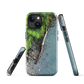 Resting Place phone case with aerial artwork of river rocks, green bush, and driftwood in a New Zealand stream.