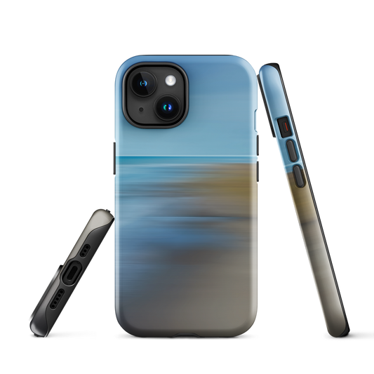 Ocean Breeze phone case with abstract blue and sandy tones inspired by sea and sky.