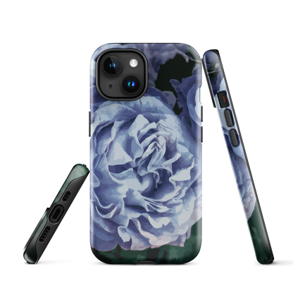 Designer phone case with a bold blue rose artwork and glossy finish.
