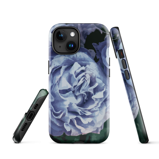 Designer phone case with a bold blue rose artwork and glossy finish.