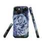Designer phone case with a bold blue rose artwork and glossy finish.
