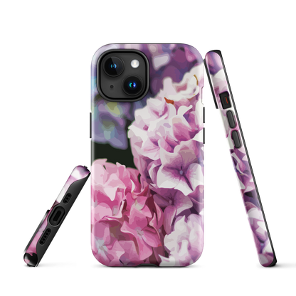 Designer phone case with pink and purple hydrangea floral artwork.