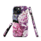 Designer phone case with pink and purple hydrangea floral artwork.