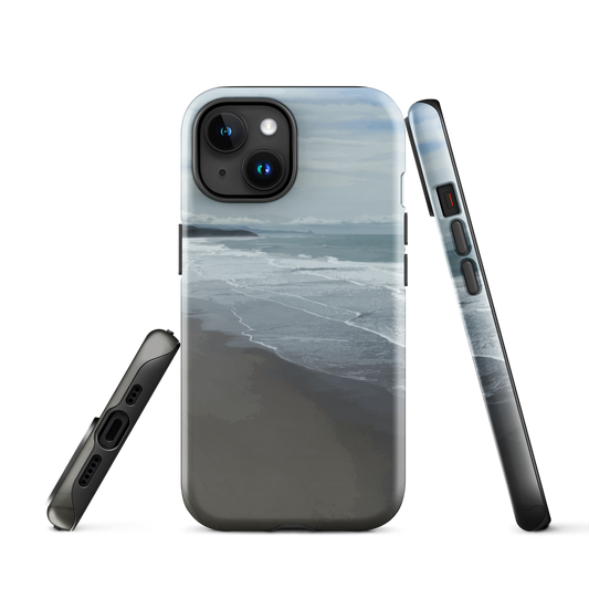 Phone case with a scenic photo of Riversdale Beach and ocean waves.