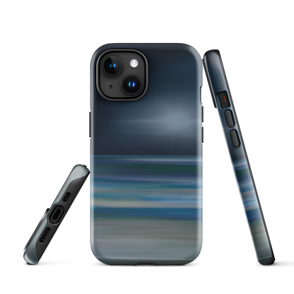Dark abstract phone case with blue and grey streaks and glossy finish.