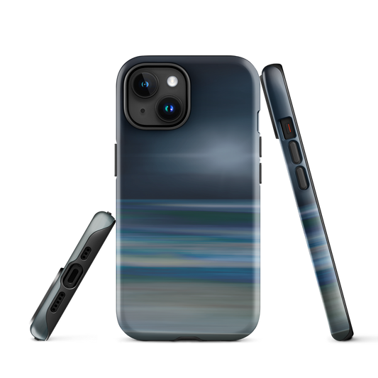 Dark abstract phone case with blue and grey streaks and glossy finish.