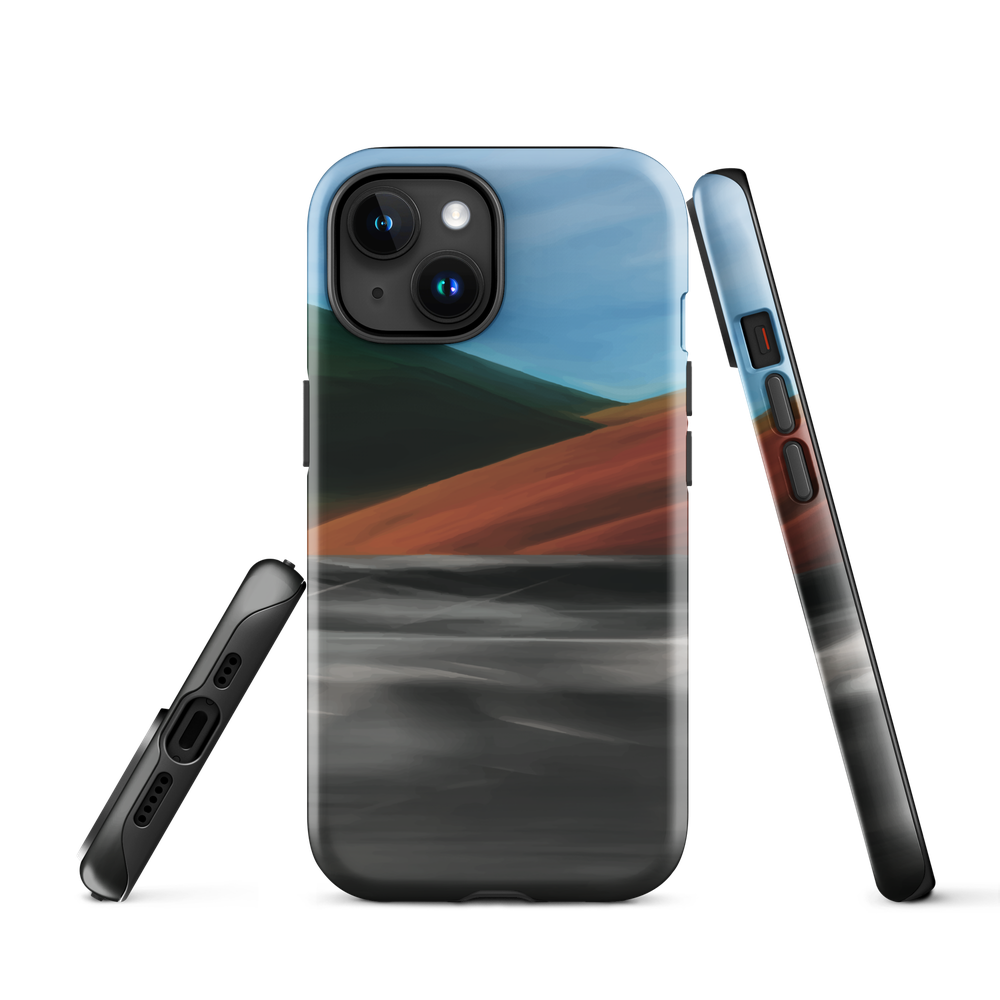 Phone case with abstract red, green, and blue heat wave landscape design.