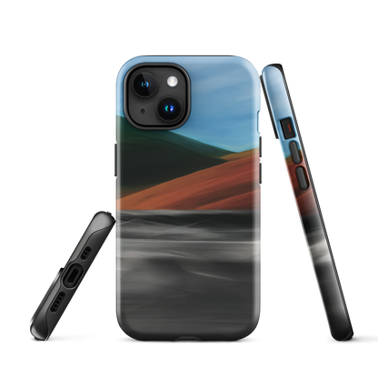 Phone case with abstract red, green, and blue heat wave landscape design.