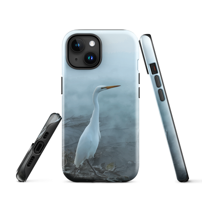 Phone case with a white heron standing in a misty wetland scene.