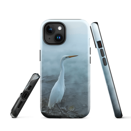 Phone case with a white heron standing in a misty wetland scene.