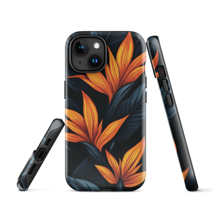 Phone case with bold orange bird of paradise flowers on dark background.