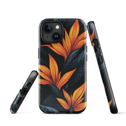 Phone case with bold orange bird of paradise flowers on dark background.