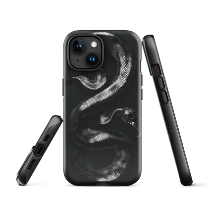 Phone case with detailed black python design on dark background.