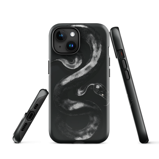 Phone case with detailed black python design on dark background.