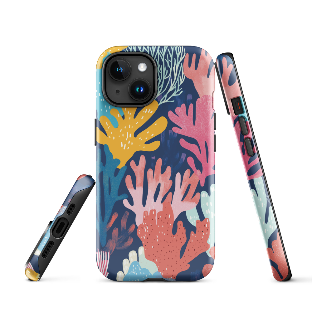 Colourful coral reef phone case design in pink, blue and yellow by NZ artist Ben Hart