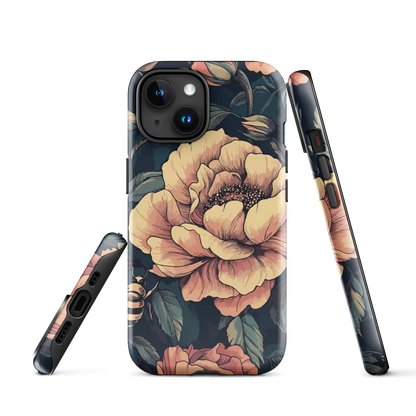 Phone case with vintage-style pink roses and bees on dark background, floral New Zealand artwork.