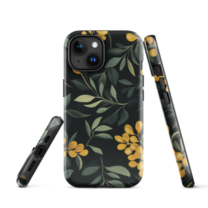 NZ Kowhai phone case with native yellow floral and green leaves on black background by designer Ben Hart.