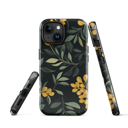 NZ Kowhai phone case with native yellow floral and green leaves on black background by designer Ben Hart.