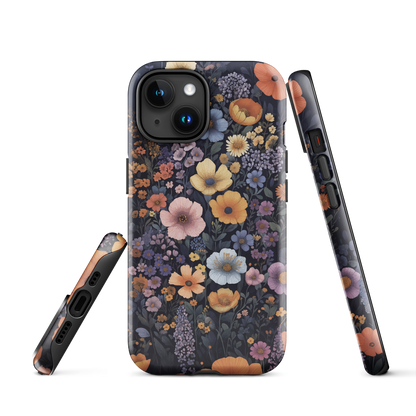 Phone case with colourful wildflowers on dark background, floral art design
