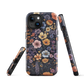 Phone case with colourful wildflowers on dark background, floral art design