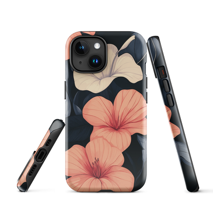 Phone case with coral hibiscus flowers and ivory blooms on dark background