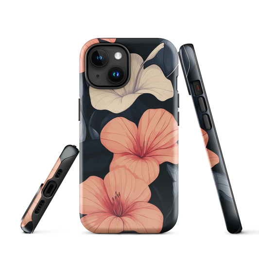 Phone case with coral hibiscus flowers and ivory blooms on dark background