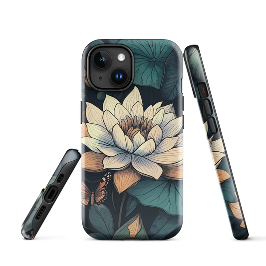 Phone case with ivory water lily, green leaves, and butterfly accents on dark background