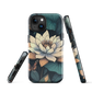 Phone case with ivory water lily, green leaves, and butterfly accents on dark background