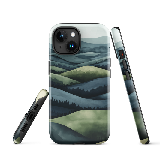 Phone case with layered mountain and forest landscape in blue and green hues