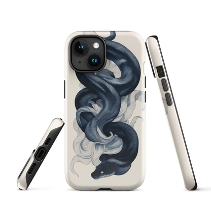 Phone case with black python and smoke design on cream background
