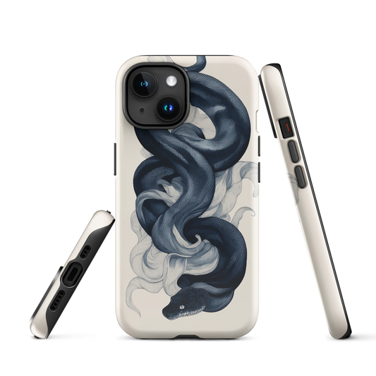 Phone case with black python and smoke design on cream background