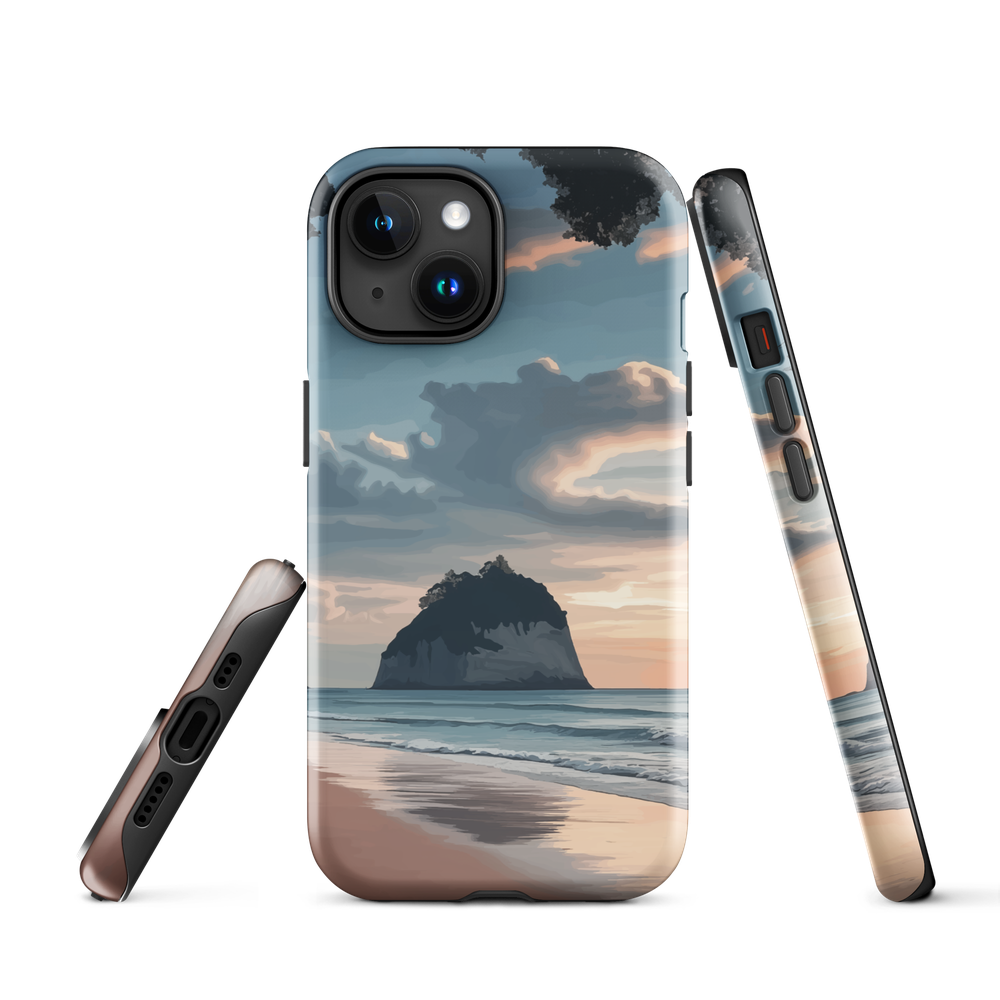 Phone case with Cathedral Cove beach and sunset scene, featuring soft skies and sea stack