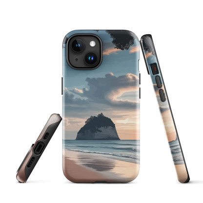 Phone case with Cathedral Cove beach and sunset scene, featuring soft skies and sea stack