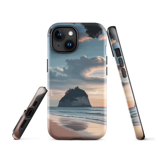 Phone case with Cathedral Cove beach and sunset scene, featuring soft skies and sea stack
