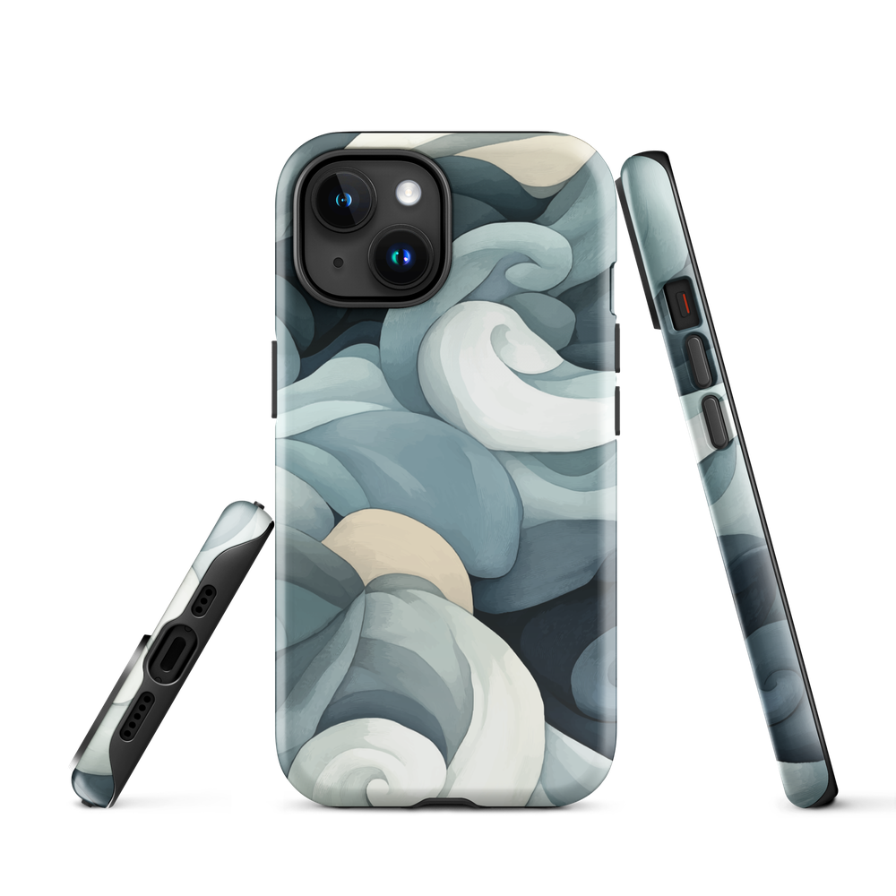 Phone case with abstract swirling ocean waves in blue and cream