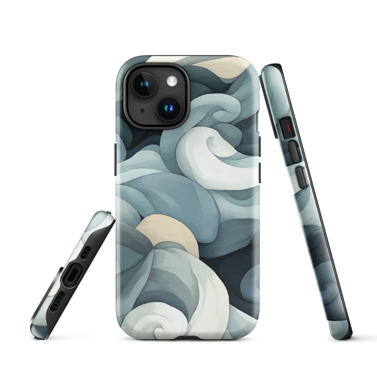 Phone case with abstract swirling ocean waves in blue and cream