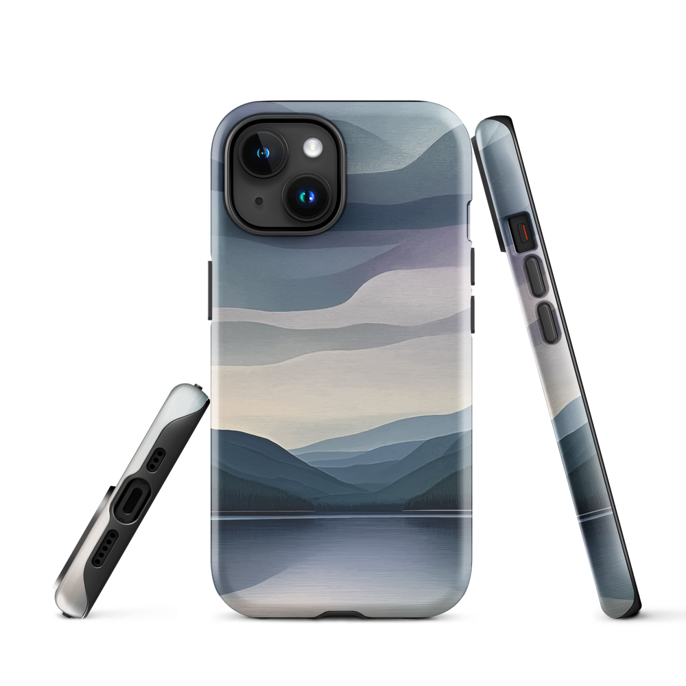 Phone case with moody blue and purple layered mountain and lake landscape artwork