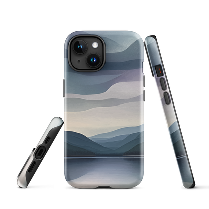 Phone case with moody blue and purple layered mountain and lake landscape artwork